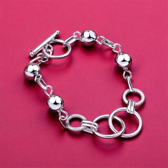 Bracelet Retro bead circle chain 925 Sterling Silver color 20CM for Women - Picture 2 of 7